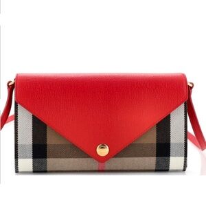 Burberry Calfskin House Check Hannah Wallet with Detachable Strap in Bright Red